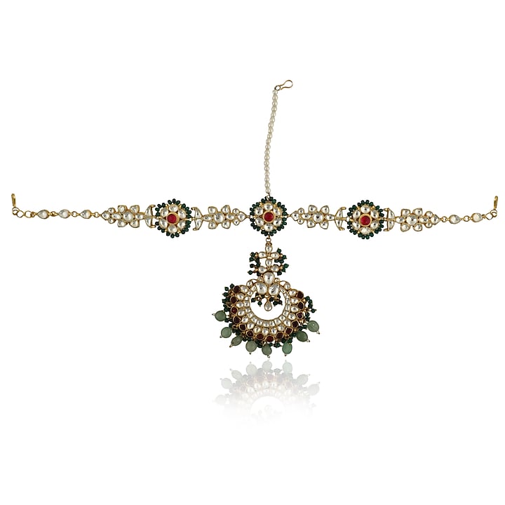 Gold Plated Pink & Emerald Jadtar Beaded Mathapatti by Riana Jewellery at Pernia's Pop Up Shop