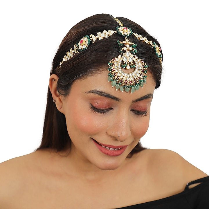 Gold Plated Pink & Emerald Jadtar Beaded Mathapatti by Riana Jewellery at Pernia's Pop Up Shop