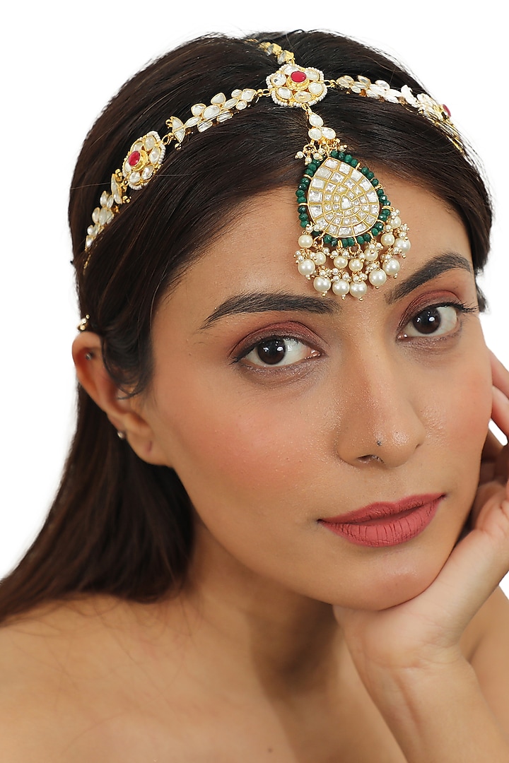 Gold Plated Jadtar Stones & Pearls Mathapatti by Riana Jewellery at Pernia's Pop Up Shop