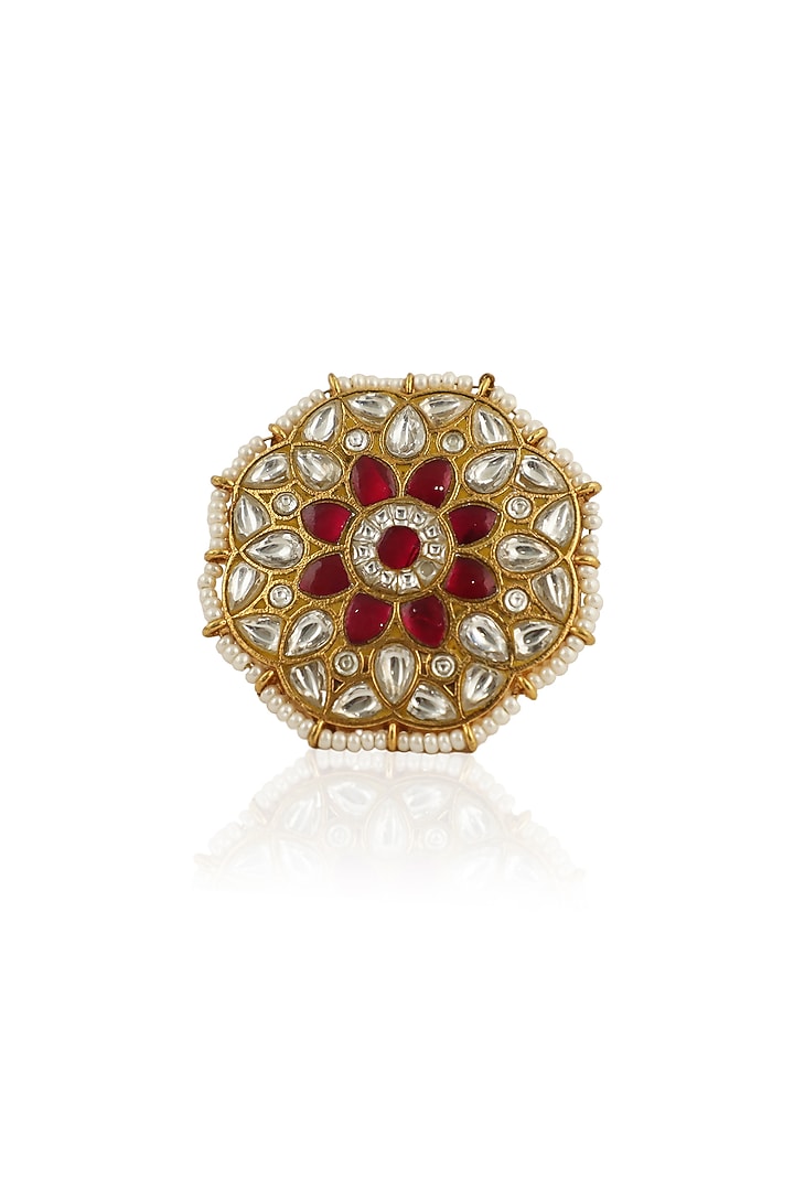 Gold Plated Pink & White Jadtar Stones Ring by Riana Jewellery at Pernia's Pop Up Shop