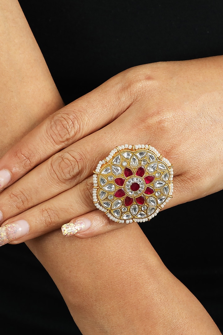 Gold Plated Pink & White Jadtar Stones Ring by Riana Jewellery at Pernia's Pop Up Shop