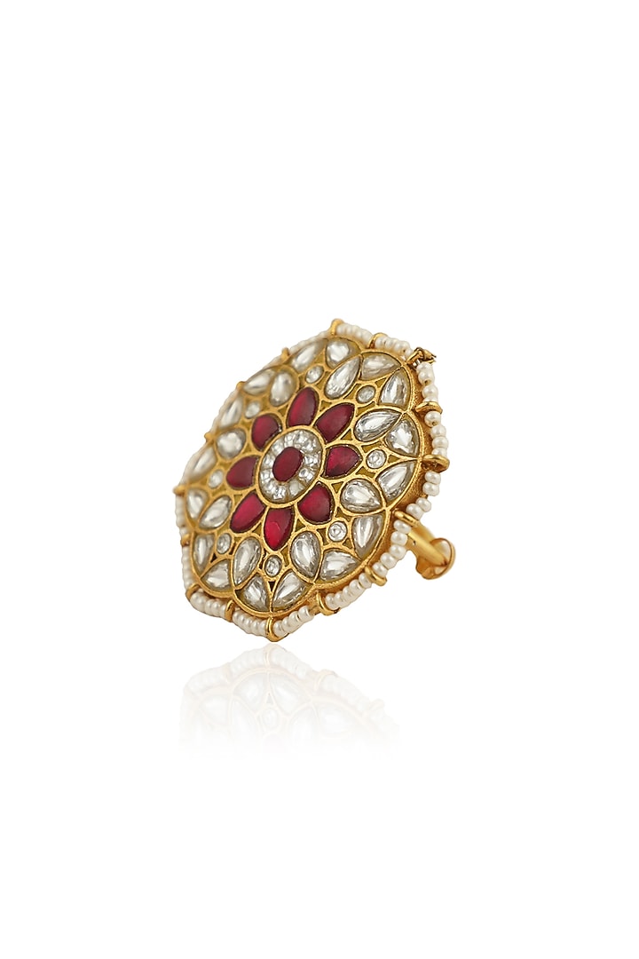 Gold Plated Pink & White Jadtar Stones Ring by Riana Jewellery at Pernia's Pop Up Shop