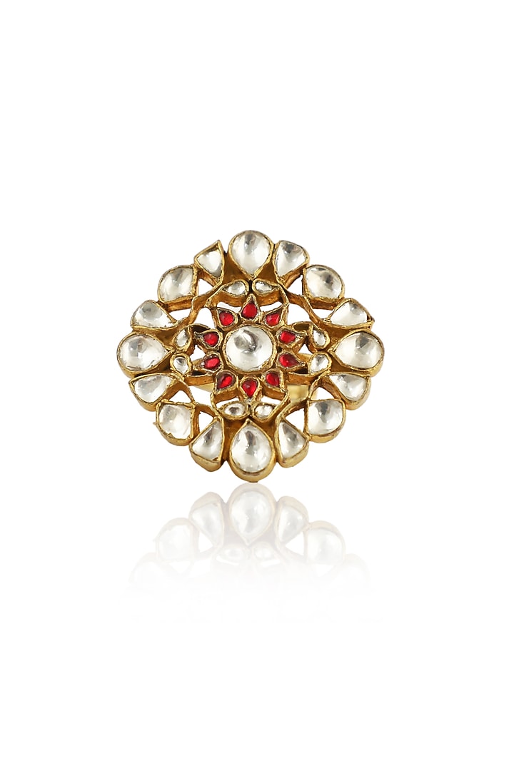 Gold Plated Red & White Jadtar Stones Ring by Riana Jewellery at Pernia's Pop Up Shop