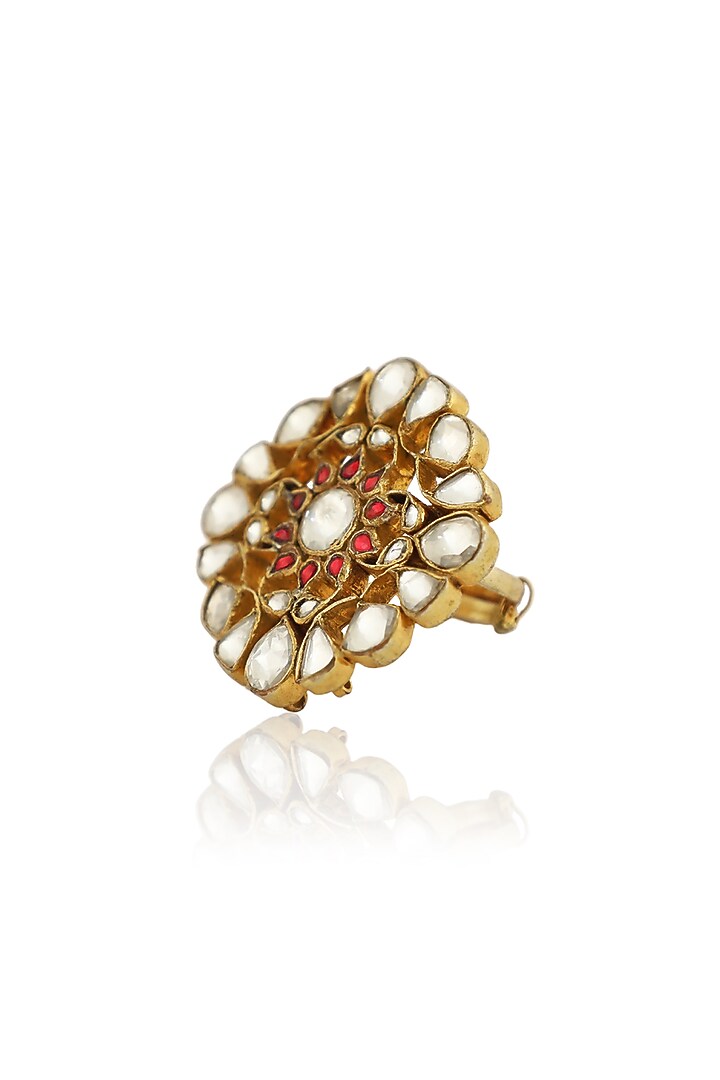 Gold Plated Red & White Jadtar Stones Ring by Riana Jewellery at Pernia's Pop Up Shop