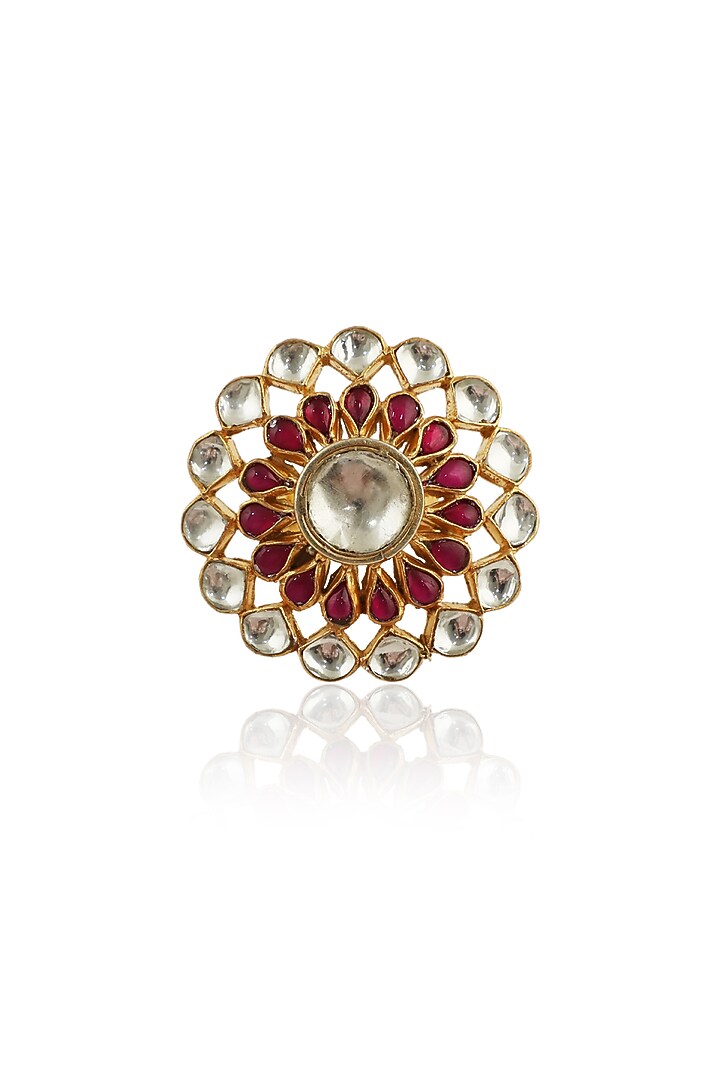 Gold Plated Ring With Pink & White Jadtar Stones by Riana Jewellery at Pernia's Pop Up Shop