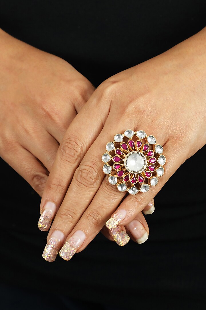 Gold Plated Ring With Pink & White Jadtar Stones by Riana Jewellery at Pernia's Pop Up Shop