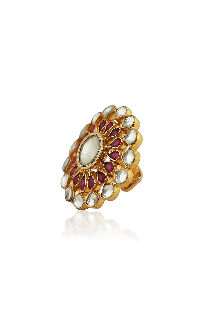 Gold Plated Ring With Pink & White Jadtar Stones by Riana Jewellery at Pernia's Pop Up Shop