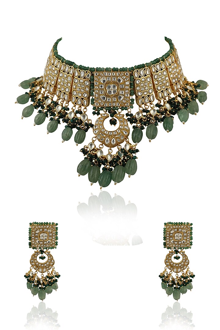 Gold Plated Emerald & Sea Green Jadtar Stones Necklace Set by Riana Jewellery at Pernia's Pop Up Shop