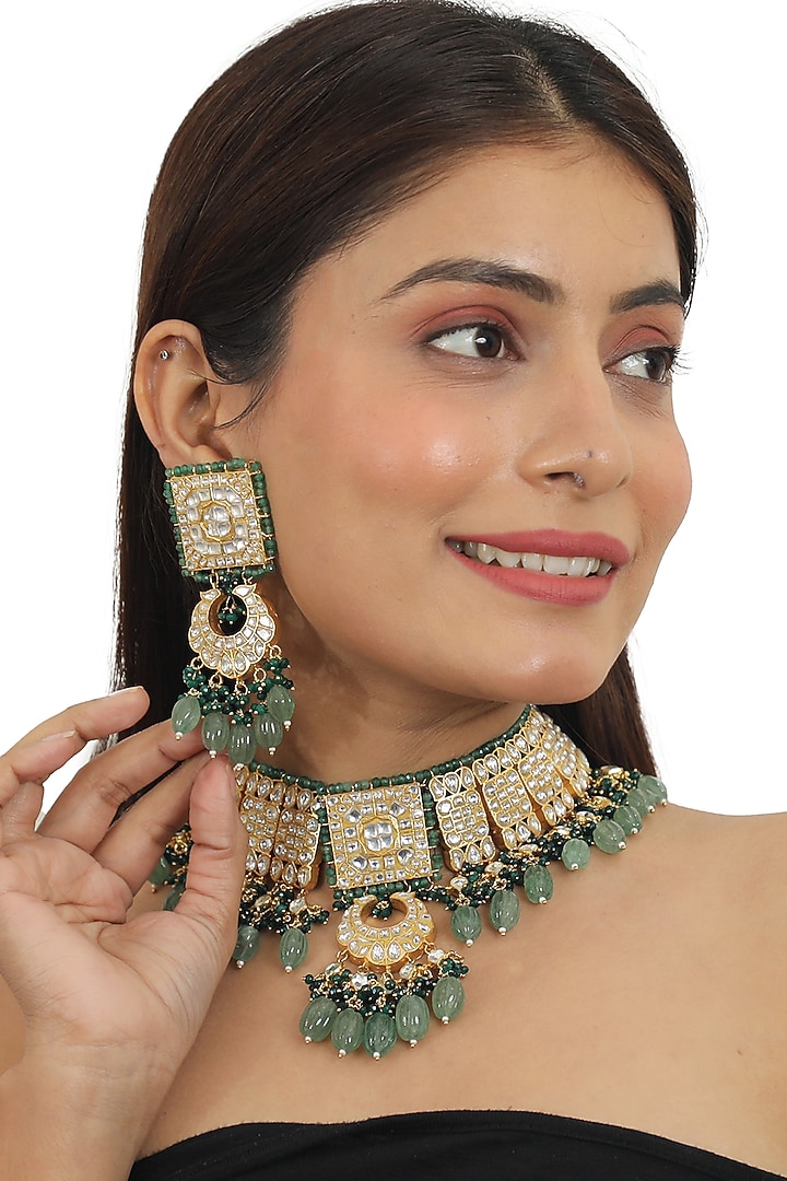 Gold Plated Emerald & Sea Green Jadtar Stones Necklace Set by Riana Jewellery at Pernia's Pop Up Shop