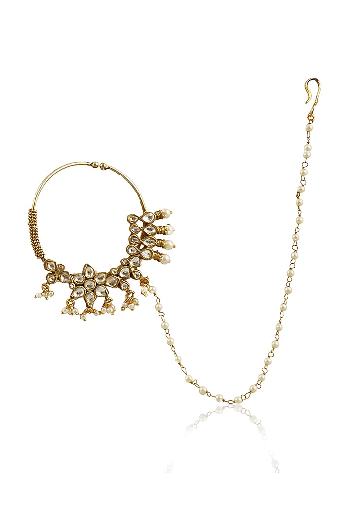 Gold Plated White Jadtar Stones Floral Nath by Riana Jewellery at Pernia's Pop Up Shop
