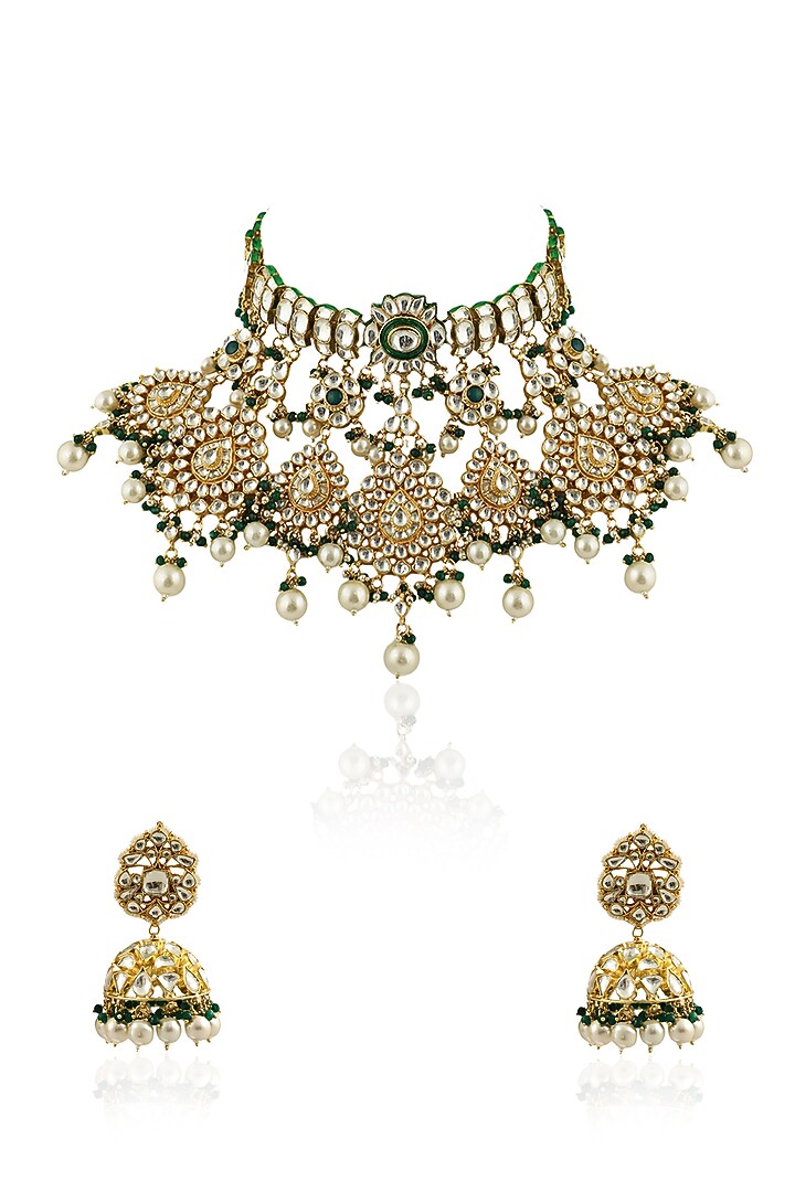 Gold Plated Emerald Jadtar Beads & Pearls Necklace Set by Riana Jewellery at Pernia's Pop Up Shop