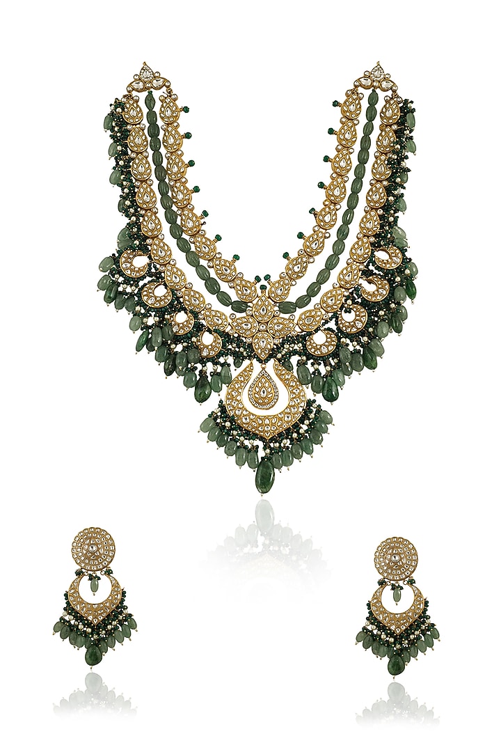 Gold Plated Jadtar Stones & Pearls Necklace Set by Riana Jewellery at Pernia's Pop Up Shop