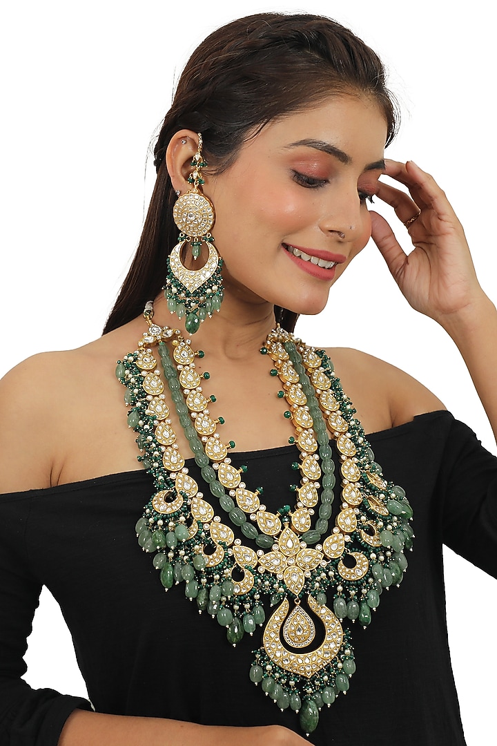 Gold Plated Jadtar Stones & Pearls Necklace Set by Riana Jewellery at Pernia's Pop Up Shop