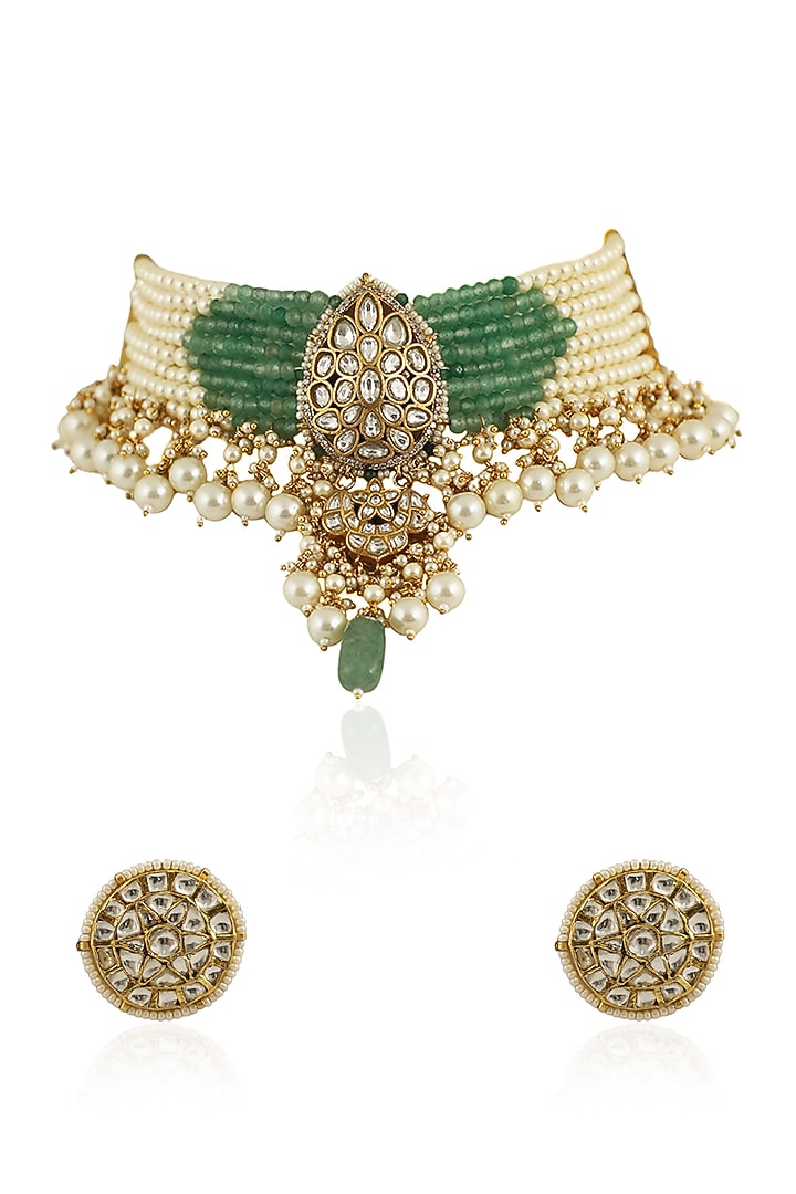 Gold Plated White Jadtar Stones & Pearls Necklace Set by Riana Jewellery at Pernia's Pop Up Shop