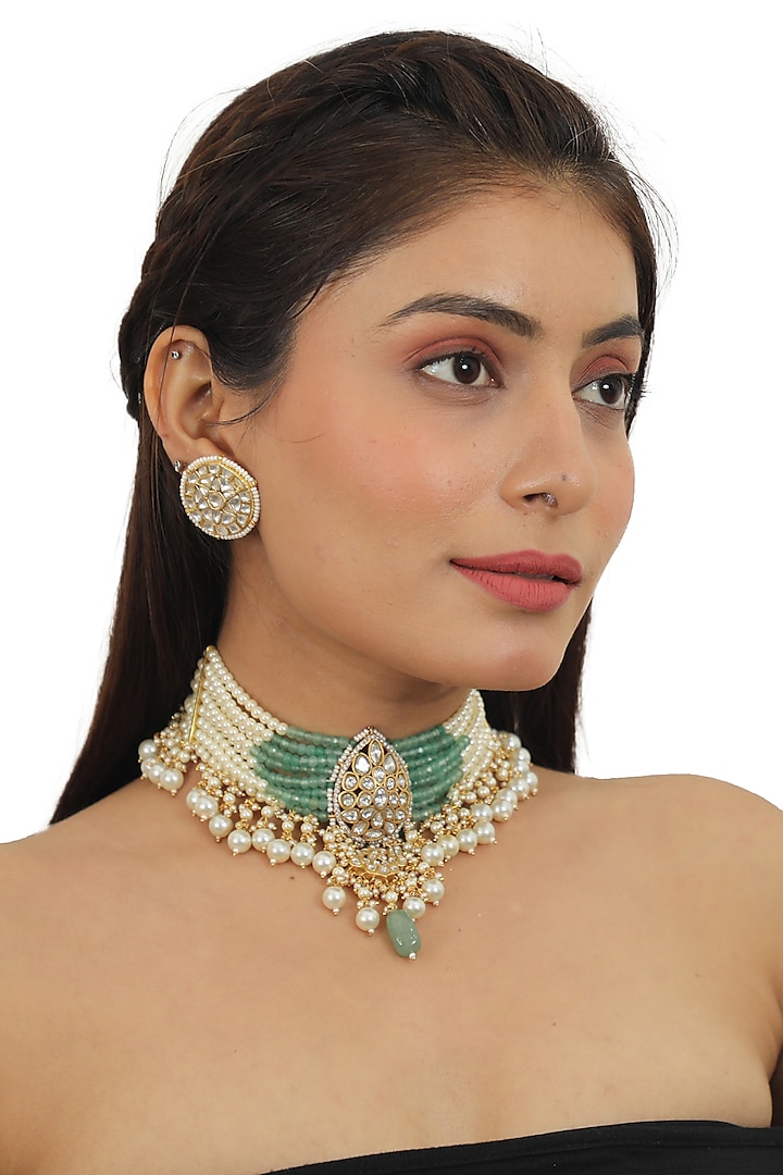 Gold Plated White Jadtar Stones & Pearls Necklace Set by Riana Jewellery