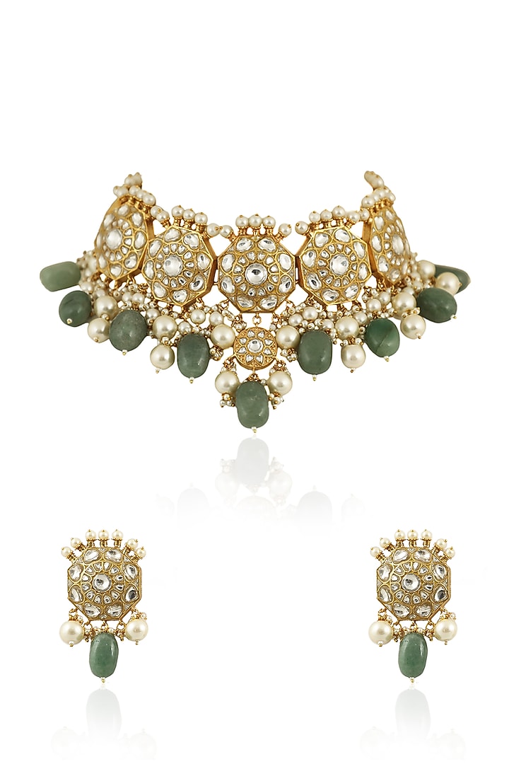 Gold Plated Jadtar Stones & Beaded Necklace Set by Riana Jewellery at Pernia's Pop Up Shop