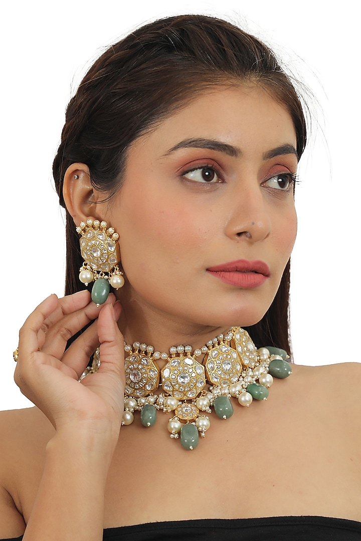 Gold Plated Jadtar Stones & Beaded Necklace Set by Riana Jewellery at Pernia's Pop Up Shop