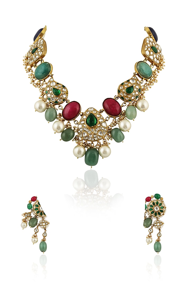Gold Plated Multi-Colored Jadtar Stones Necklace Set by Riana Jewellery at Pernia's Pop Up Shop