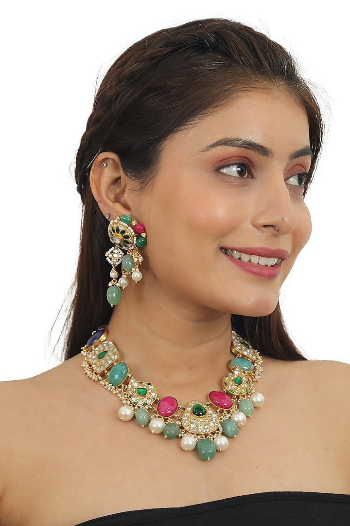 Gold Plated Multi-Colored Jadtar Stones Necklace Set by Riana Jewellery at Pernia's Pop Up Shop