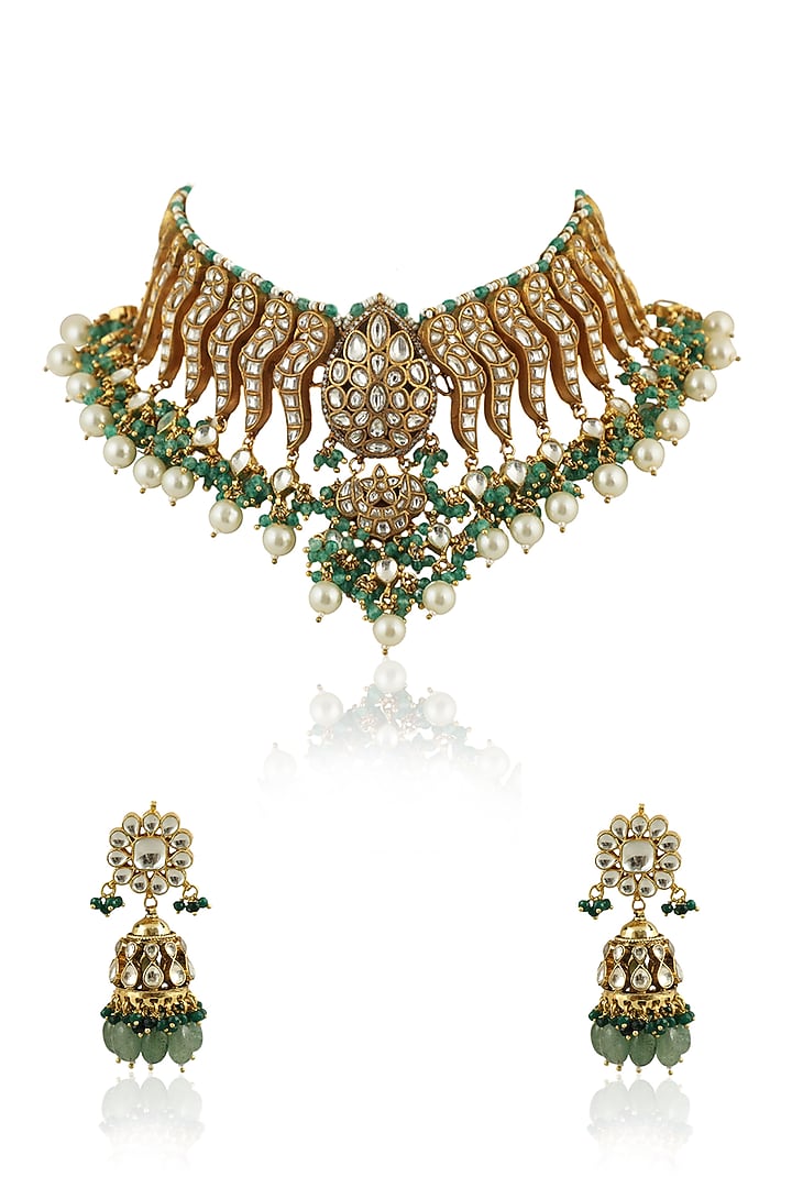Gold Plated White Jadtar Stones & Sea Green Beaded Necklace Set by Riana Jewellery at Pernia's Pop Up Shop