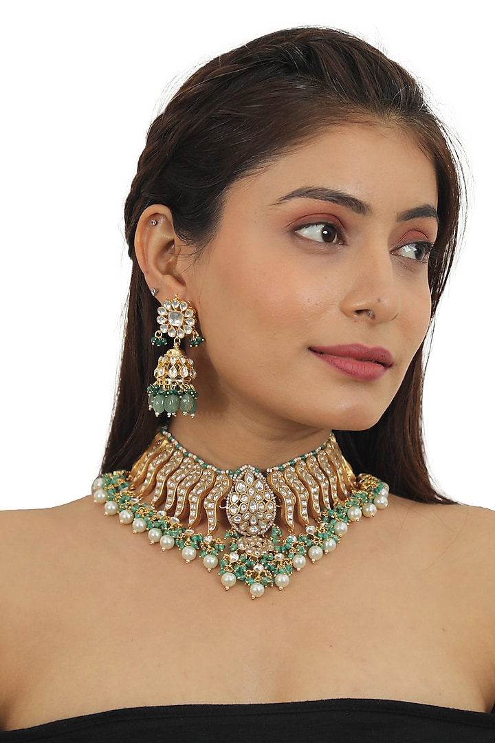 Gold Plated White Jadtar Stones & Sea Green Beaded Necklace Set by Riana Jewellery at Pernia's Pop Up Shop