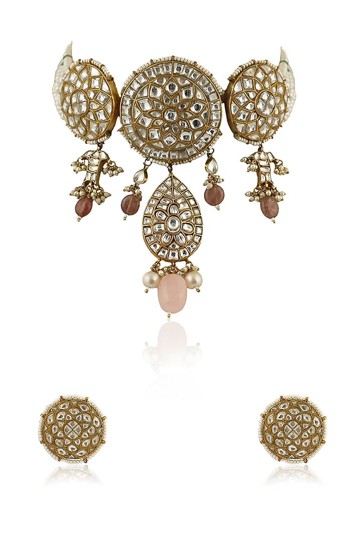 Gold Plated Pastel Pink Beads and Jadtar Stones Necklace Set by Riana Jewellery at Pernia's Pop Up Shop