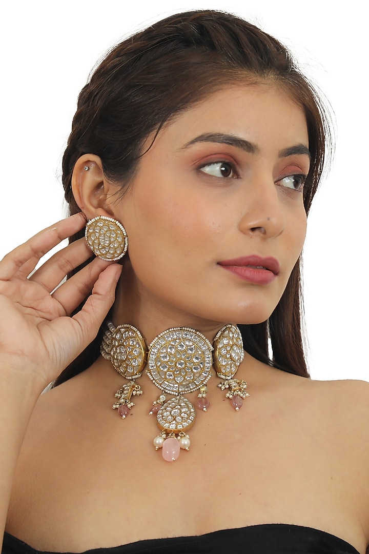 Gold Plated Pastel Pink Beads and Jadtar Stones Necklace Set by Riana Jewellery at Pernia's Pop Up Shop