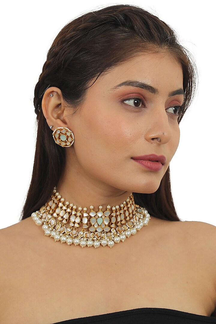 Gold Plated Mother of Pearl Necklace Set by Riana Jewellery at Pernia's Pop Up Shop