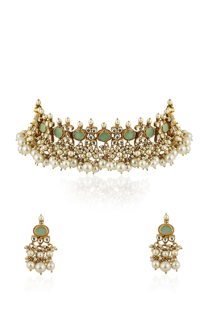 Gold Plated Light Green Jadtar Choker Necklace Set by Riana Jewellery at Pernia's Pop Up Shop