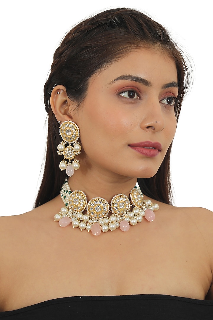 Gold Plated Jadtar Stone & Pastel Pink Beaded Necklace Set by Riana Jewellery at Pernia's Pop Up Shop