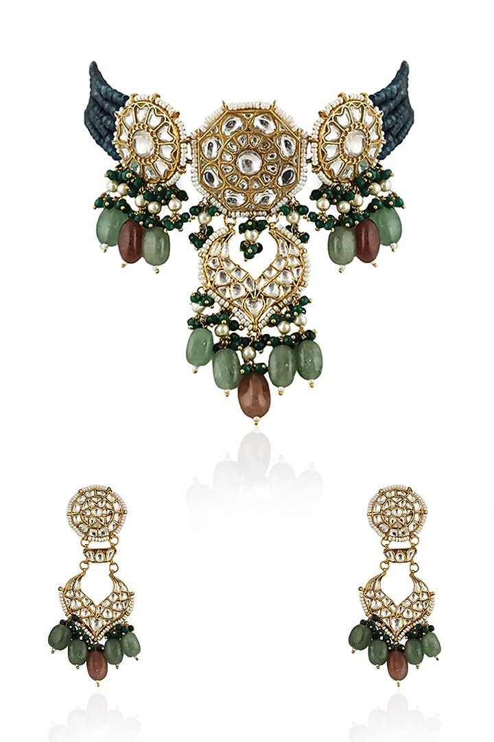 Gold Plated Blue Jadtar Stones Necklace Set by Riana Jewellery at Pernia's Pop Up Shop