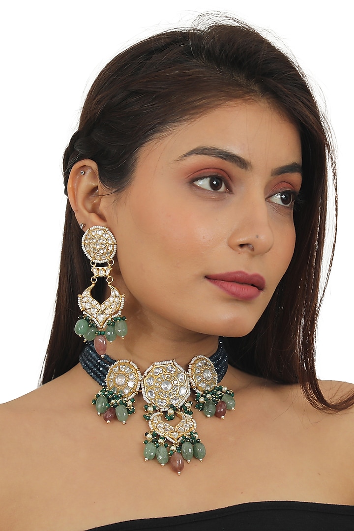 Gold Plated Blue Jadtar Stones Necklace Set by Riana Jewellery at Pernia's Pop Up Shop