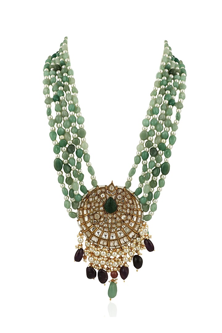 Gold Plated Sea Green Jadtar Stones Mala by Riana Jewellery at Pernia's Pop Up Shop