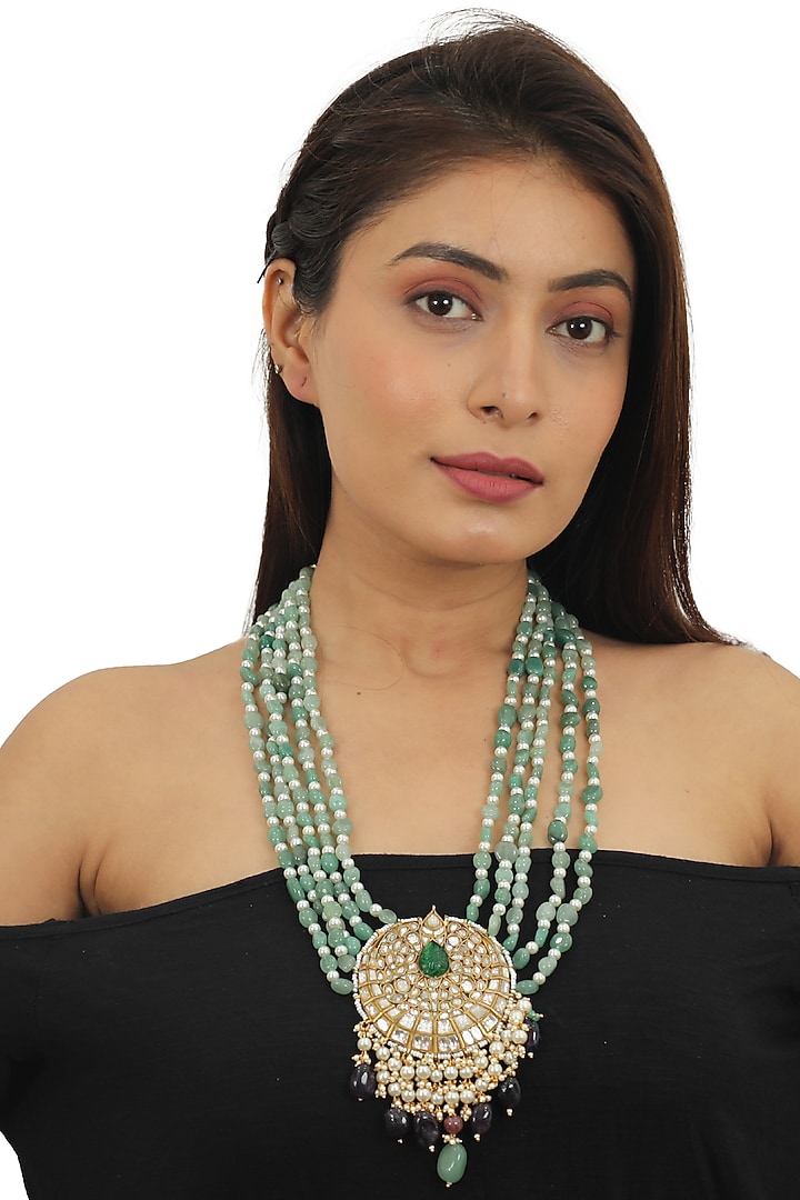 Gold Plated Sea Green Jadtar Stones Mala by Riana Jewellery at Pernia's Pop Up Shop