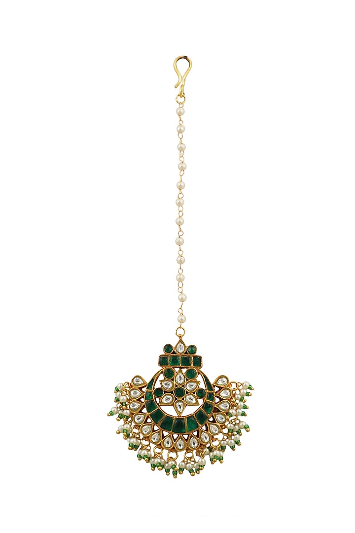 Gold Plated Green Jadtar Stone Maangtikka by Riana Jewellery at Pernia's Pop Up Shop