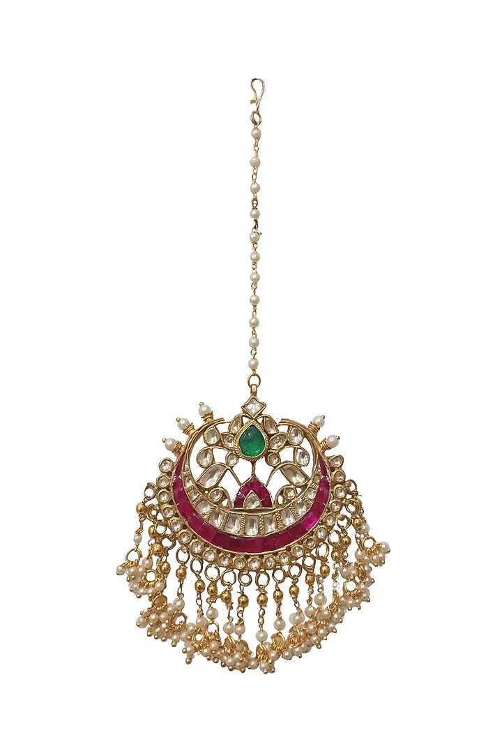 Gold Plated Pink & Green Jadtar Stone Maangtikka by Riana Jewellery at Pernia's Pop Up Shop