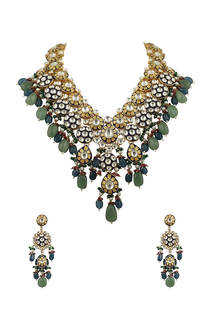 Gold Plated Blue Meenakari Necklace Set by Riana Jewellery at Pernia's Pop Up Shop