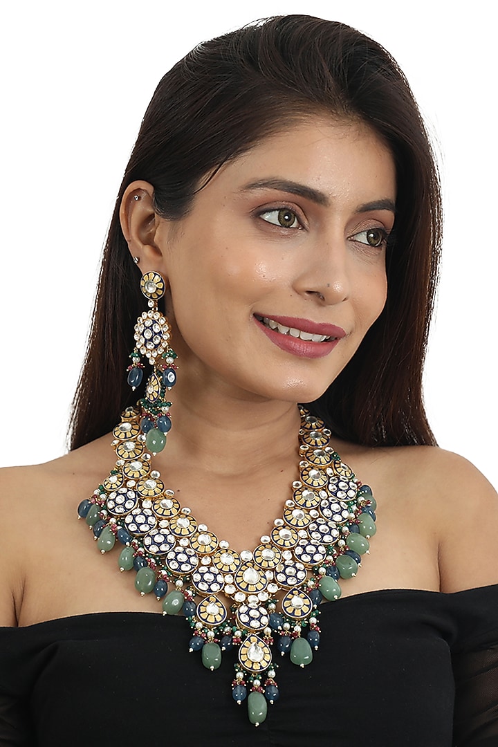 Gold Plated Blue Meenakari Necklace Set by Riana Jewellery at Pernia's Pop Up Shop