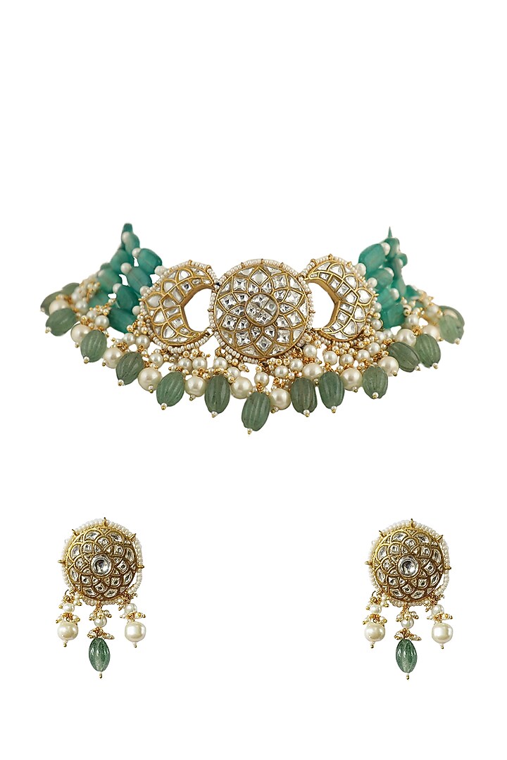 Gold Plated White & Sea Green Jadtar Stone Choker Necklace Set by Riana Jewellery at Pernia's Pop Up Shop