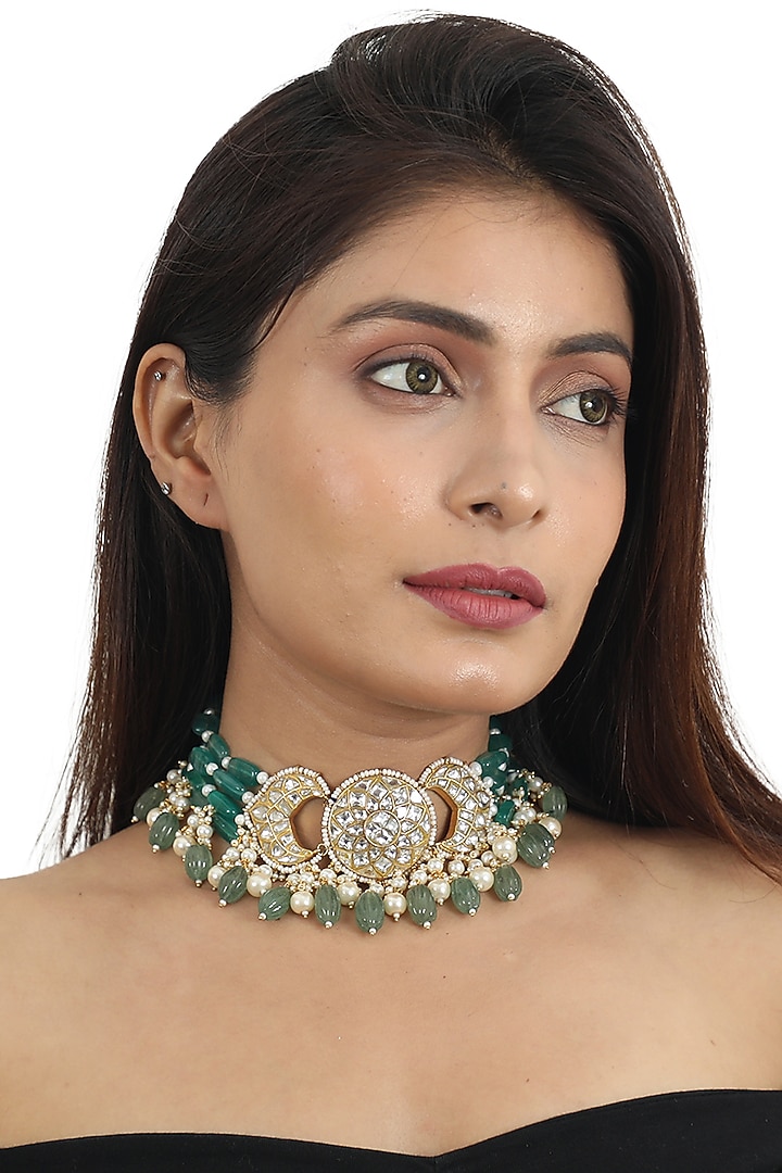 Gold Plated White & Sea Green Jadtar Stone Choker Necklace Set by Riana Jewellery at Pernia's Pop Up Shop