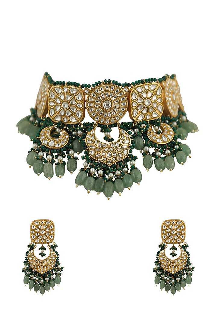 Gold Plated White Jadtar Stone Necklace Set by Riana Jewellery at Pernia's Pop Up Shop
