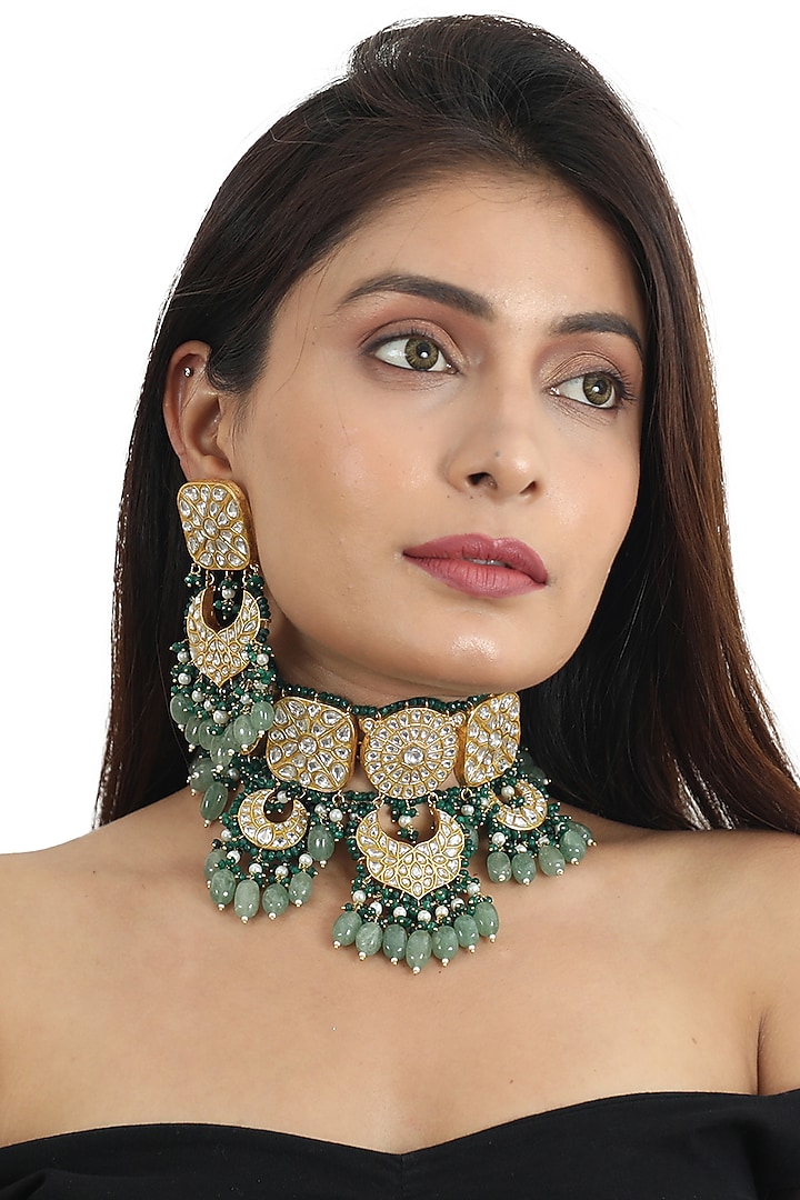 Gold Plated White Jadtar Stone Necklace Set by Riana Jewellery at Pernia's Pop Up Shop