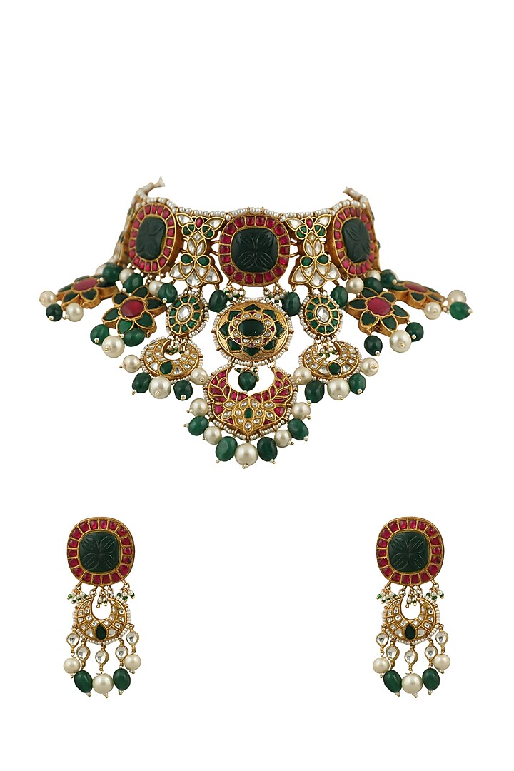 Gold Plated Red & Green Jadtar Stone Bridal Necklace Set by Riana Jewellery at Pernia's Pop Up Shop