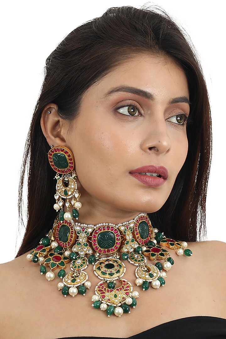 Gold Plated Red & Green Jadtar Stone Bridal Necklace Set by Riana Jewellery at Pernia's Pop Up Shop