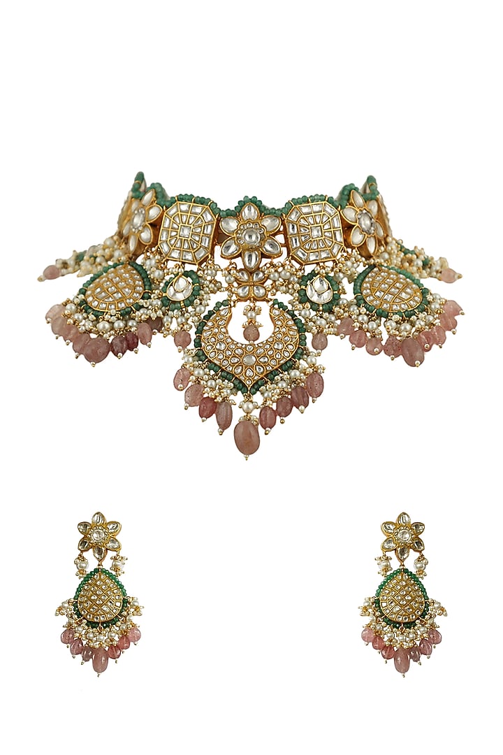 Gold Plated Pastel Pink Beaded Necklace Set by Riana Jewellery at Pernia's Pop Up Shop