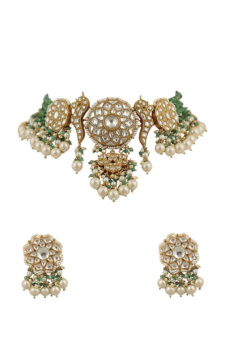 Gold Plated White & Light Green Jadtar Stone Choker Necklace Set by Riana Jewellery at Pernia's Pop Up Shop