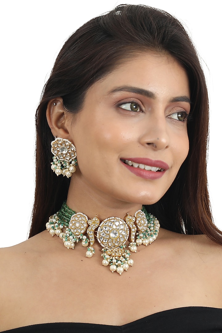 Gold Plated White & Light Green Jadtar Stone Choker Necklace Set by Riana Jewellery at Pernia's Pop Up Shop