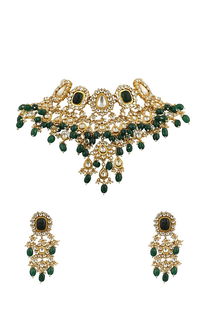 Gold Plated White & Green Jadtar Stone Bridal Necklace Set by Riana Jewellery at Pernia's Pop Up Shop