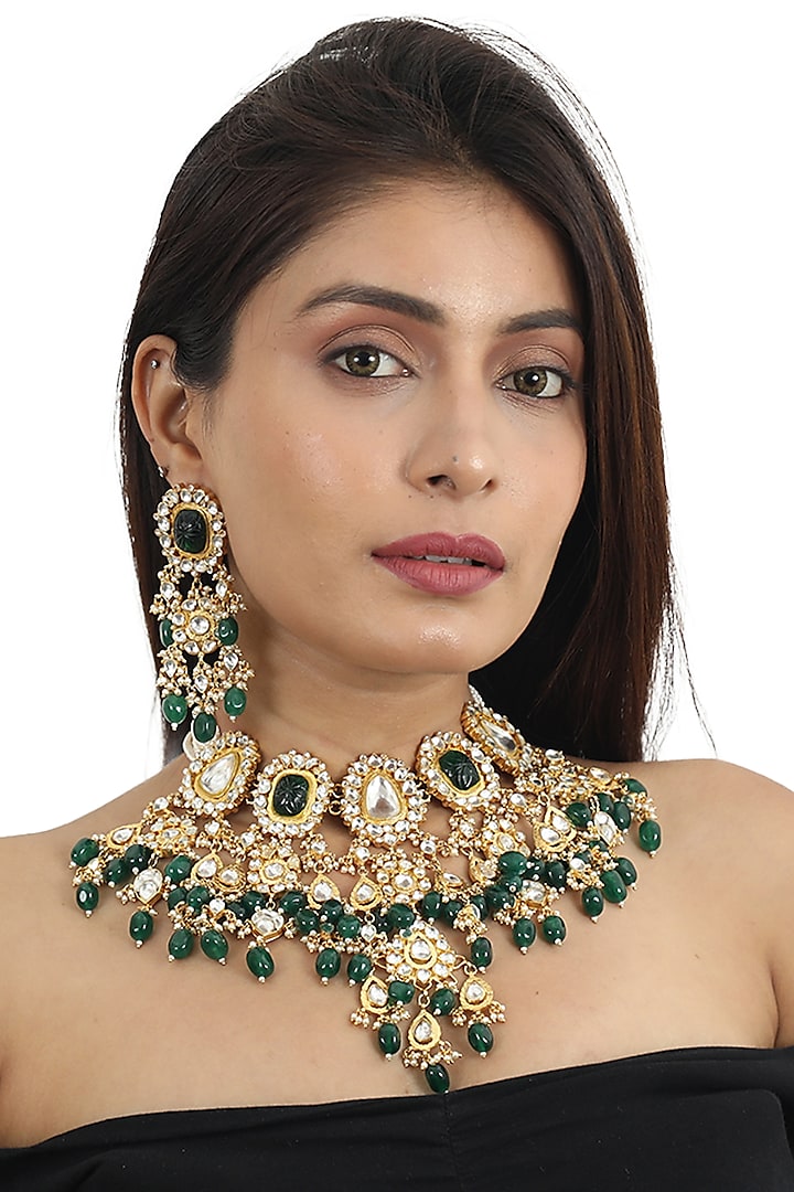 Gold Plated White & Green Jadtar Stone Bridal Necklace Set by Riana Jewellery