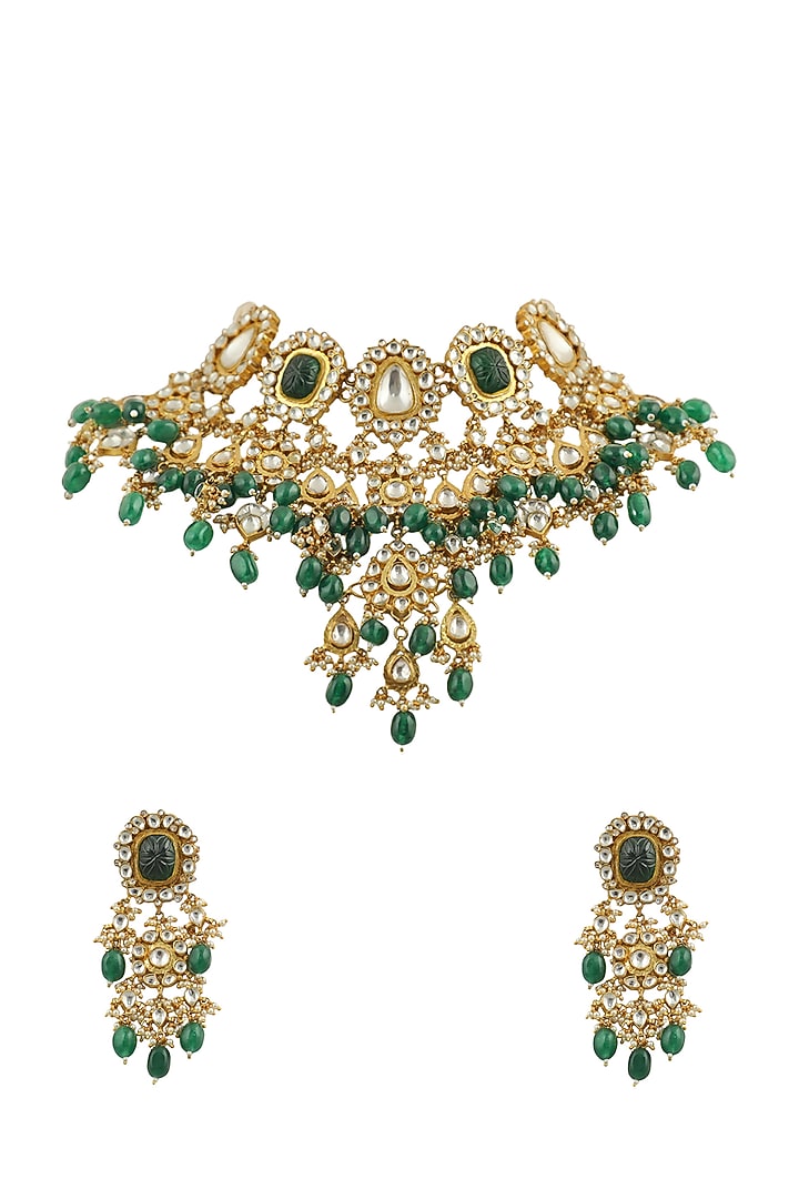 Gold Plated Green & White Jadtar Stone Bridal Necklace Set by Riana Jewellery at Pernia's Pop Up Shop